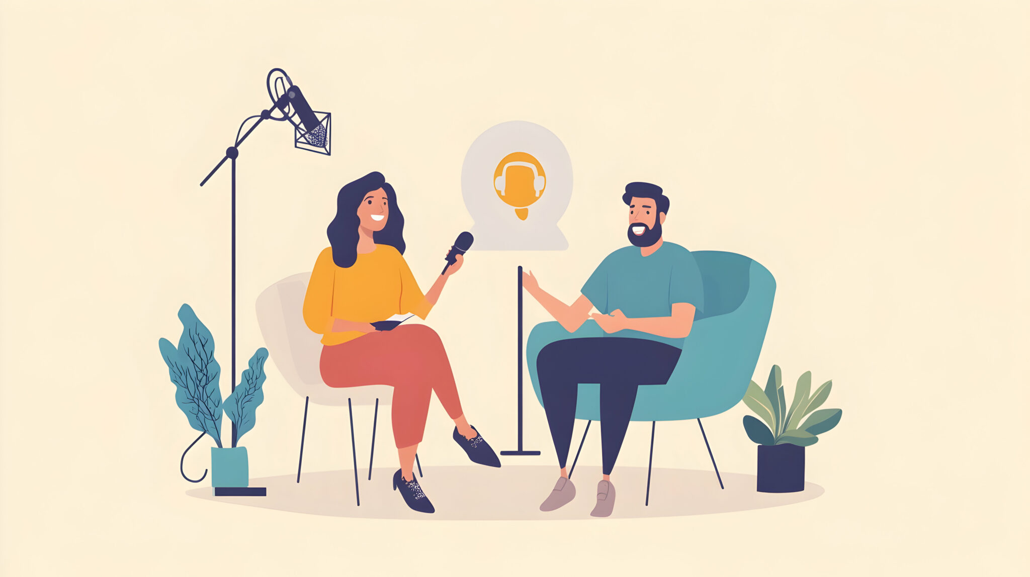 podcast interview with two people sitting on chairs